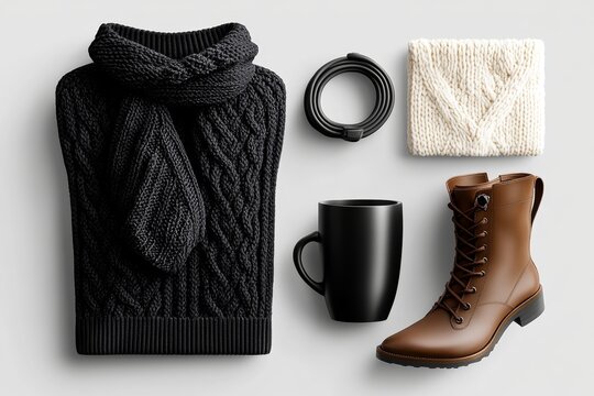 A cute 2D illustration of an OOTD featuring a cozy sweater and scarf with boots, on a plain white background