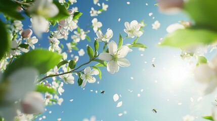 An orchard of apple trees in bloom, their branches laden with delicate white and pink flowers, buzzing with the activity of pollinating bees.