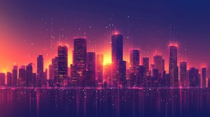 Smart city dot point connect with gradient line, connection technology metaverse concept. night city banner with big data