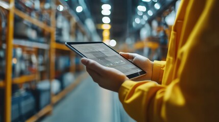 Smart industry control concept. Hands holding tablet on blurred automation machine as background