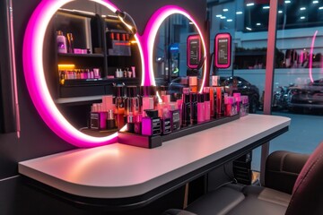 A dark, neon-lit beauty station with holographic sustainable beauty labels, set in a cyberpunk cityscape