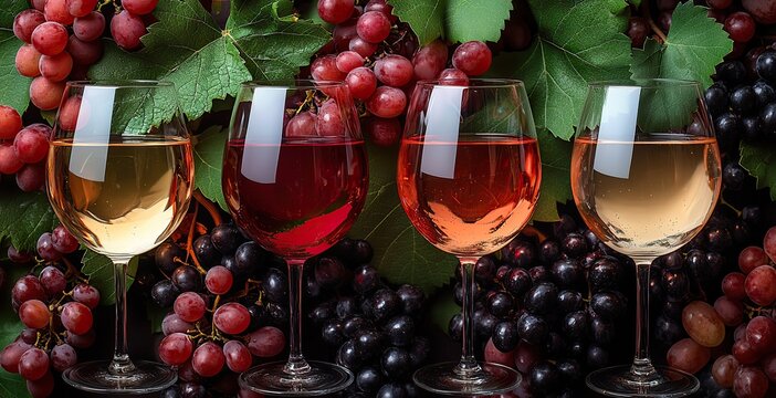 Glasses of red, rose, and white wine with fall grapes offer a romantic and gourmet touch, perfect for wine tastings or party banners.