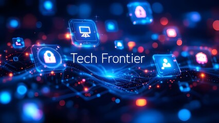 Fototapeta premium Tech Frontier Digital Innovation Concept - Floating Technology Icons with Network Visualization in Neon Blue and Red