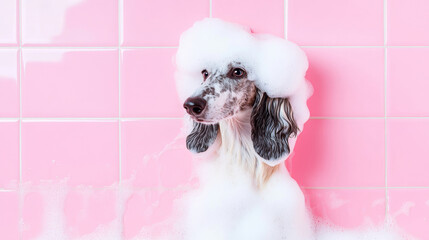 A cute afghan hound dog in bath with soap foam on glossy pink tile fashion background. adorable pet portrait shampoo pet grooming salon spa wallpaper