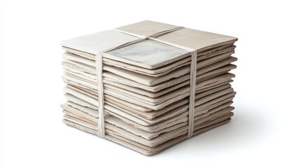 A box of ceramic tiles stacked neatly, isolated on a white background