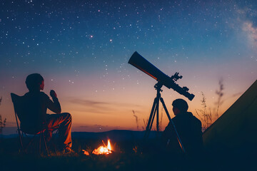 Silhouettes of two people stargazing with a telescope near a campfire under a starry night sky. Perfect for astronomy lovers, astrophotography, and celestial observation
