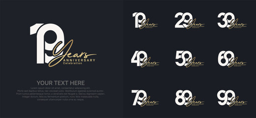 Anniversary logo set vector design, white and golden color for celebration event