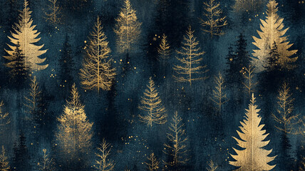 Beautiful golden trees on a dark blue background create a serene forest atmosphere