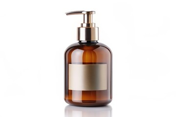Fototapeta premium Elegant Brown Glass Pump Dispenser Bottle for Cosmetics with White Label Space Isolated on White Background for Bathroom Accessory and Beauty Product Packaging
