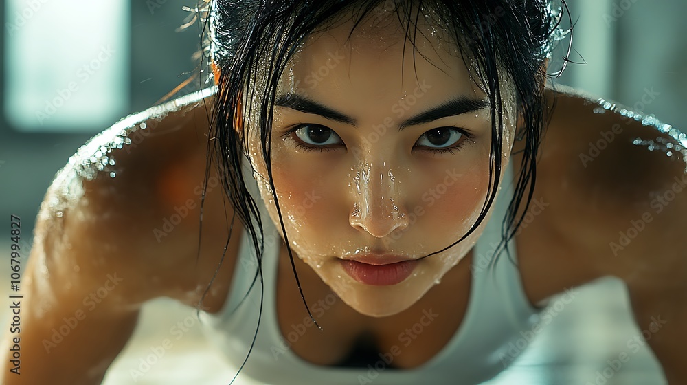 Wall mural A close-up shot of an Asian woman’s face and upper body during a push-up, showing determination, gym mirrors reflecting her form in the background, bright and balanced lighting,