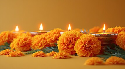 Glowing oil lamps and marigold flowers on a yellow background, symbolizing cultural festivals such as Diwali, perfect for greeting card templates.