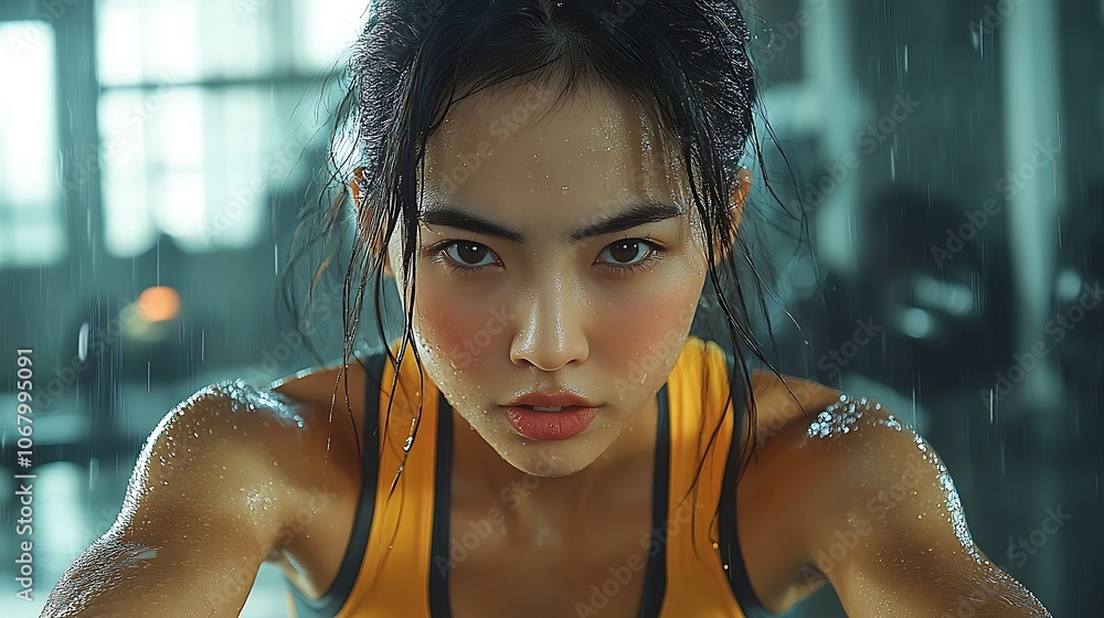 Wall mural A close-up shot of an Asian woman’s upper body while rowing, muscles tensed and engaged, intense look of determination, gym backdrop with blurred equipment, sweat dripping for realism,