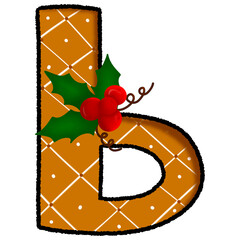 Letter b christmas cookie and snow pattern and decorated with holly