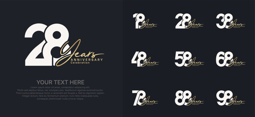 Anniversary logo set vector design, white and golden color for celebration event