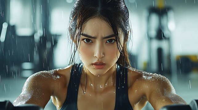 A close-up shot of an Asian woman’s upper body while rowing, muscles tensed and engaged, intense look of determination, gym backdrop with blurred equipment, sweat dripping for realism,