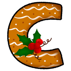 Letter c christmas cookie and snow pattern and decorated with holly