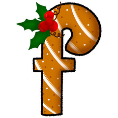 Letter f christmas cookie and snow pattern and decorated with holly