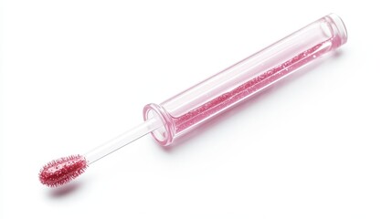 A clear tube of lip gloss with a wand applicator, isolated on a white background
