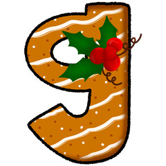 Letter g christmas cookie and snow pattern and decorated with holly