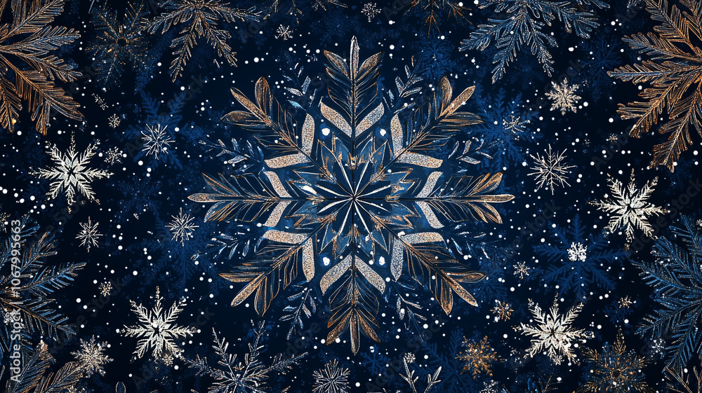 Poster a vibrant winter snowflake design with intricate patterns in a deep blue background