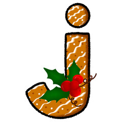Letter j christmas cookie and snow pattern and decorated with holly