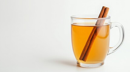 A cold glass of apple cider with a cinnamon stick, served in a clear mug, isolated on a white background
