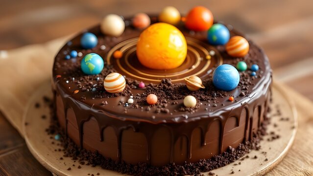 Solar System Chocolate Cake Design - Creative Galaxy Theme Birthday Dessert with Planet Decorations and Chocolate Ganache