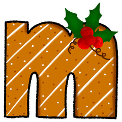 Letter m christmas cookie and snow pattern and decorated with holly