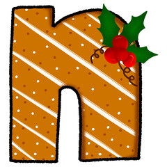 Letter n christmas cookie and snow pattern and decorated with holly