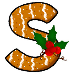 Letter s christmas cookie and snow pattern and decorated with holly