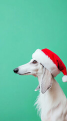 Adorable cute afghan hound dog wearing santa claus hat festive happy merry Christmas celebration fashion red green wallpaper background with copy space