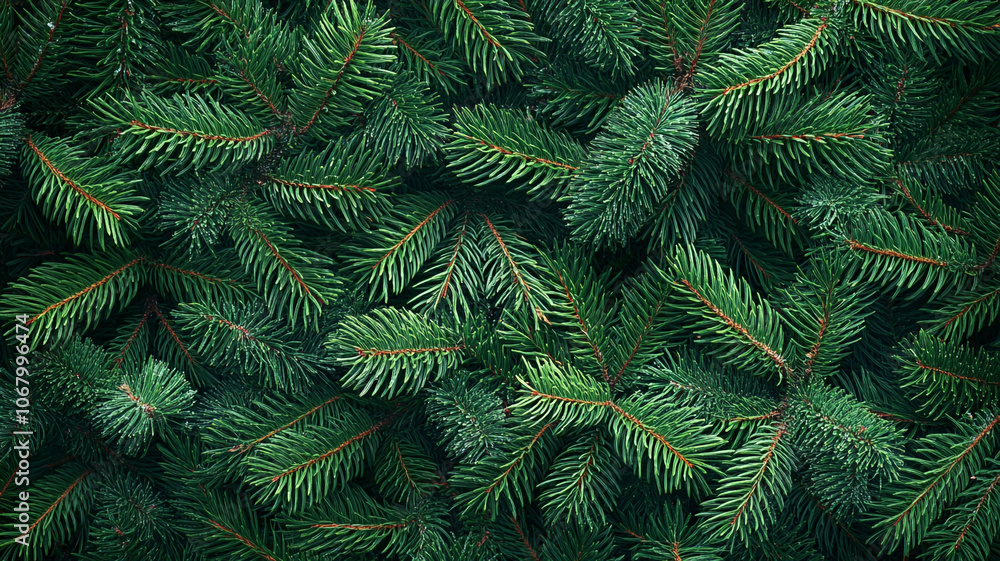 Poster dense evergreen tree branches create a lush green background in a forest setting