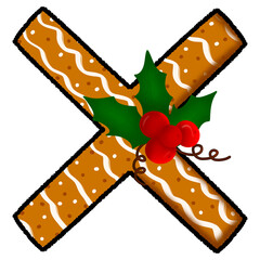 Letter x christmas cookie and snow pattern and decorated with holly