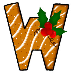 Letter w christmas cookie and snow pattern and decorated with holly