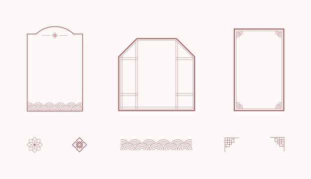 한국 명절, 추석, 설날, 전통 테두리, 동양 요소 세트