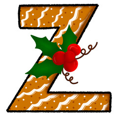 Letter z christmas cookie and snow pattern and decorated with holly