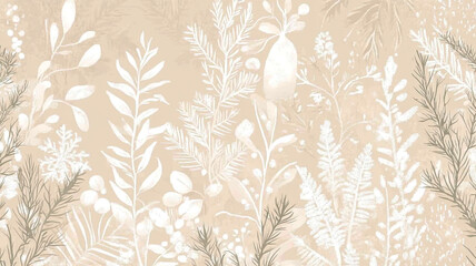 Elegant botanical pattern featuring delicate white foliage against a soft beige background