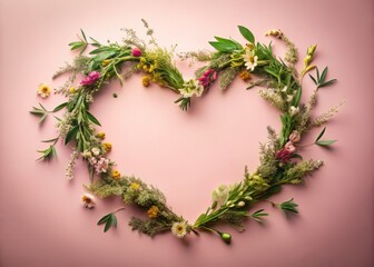 Heart-Shaped Wreath of Herbs and Flowers on Pastel Pink Background for Love Messages, Greeting Cards, and Announcements with Creative Copy Space