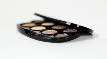 A compact eyeshadow palette with a range of neutral tones, isolated on a white background