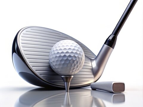 Isolated Golf Ball and Driver on White Background for Sports Enthusiasts, Perfect for Golf Promotions, Training Materials, and Online Content Related to Golf Equipment