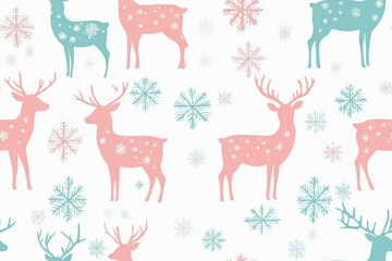 Seamless pattern of pink and blue reindeer and snowflakes on a white background.