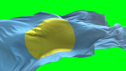 Palau flag - 3D realistic waving flag on green screen background for chroma key