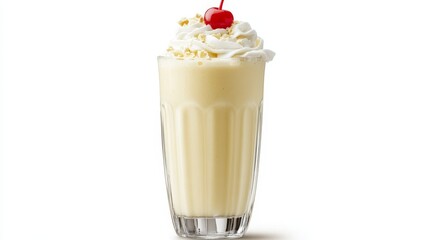A creamy banana milkshake with whipped cream and a cherry on top, served in a tall glass, isolated on a white background