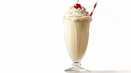 A creamy banana milkshake with whipped cream and a cherry on top, served in a tall glass, isolated on a white background