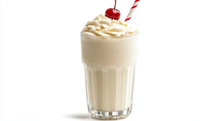 A creamy vanilla milkshake with a cherry on top, served in a tall glass with a straw, isolated on a white background