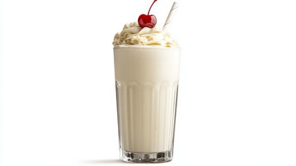 A creamy vanilla milkshake with a cherry on top, served in a tall glass with a straw, isolated on a white background