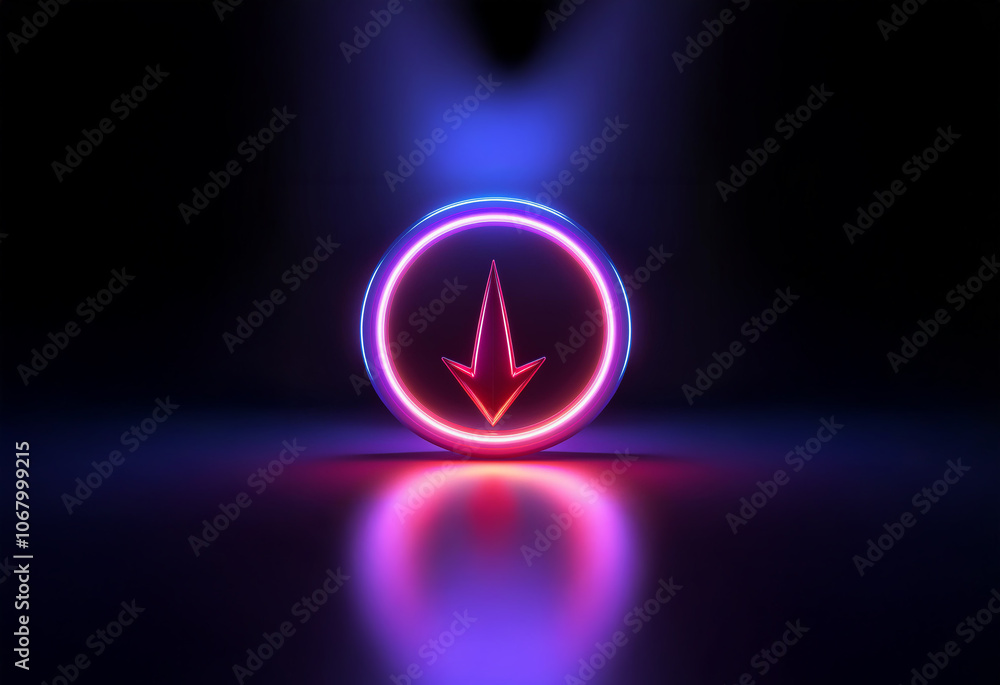 Poster a glowing neon arrow pointing downwards in a circular frame on a reflective dark surface.