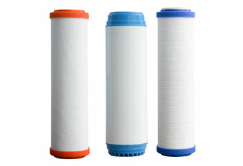 Set of three-family water filter cores Glass of liquid and water filter cartridges on a grey background