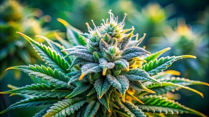 A Close-Up View of a Vibrant Green Cannabis Plant with Delicate White Trichomes Glimmering in the Sunlight