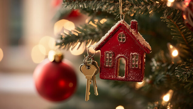 Christmas Homecoming, Festive House Ornament and Keys on Snowy Tree - Powered by Adobe